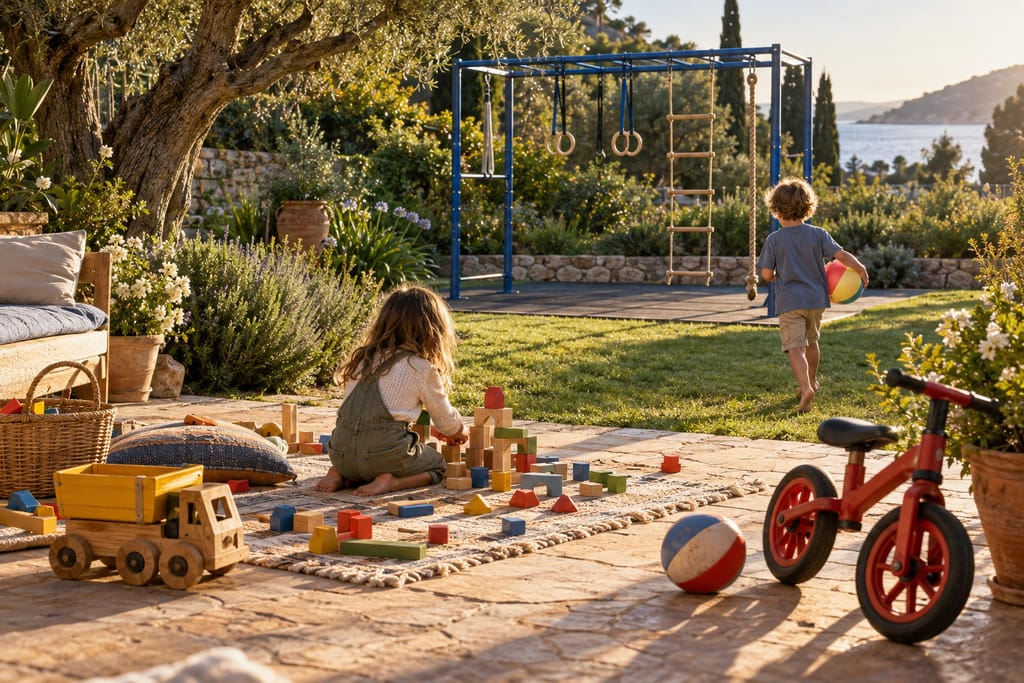 תמונת AI צעצועים, משחק בחוץ ומתקן נינג'ה בחצר